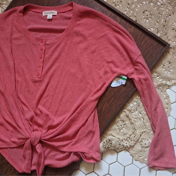 NEW Treasure & Bond Front Tie Coral Ribbed Henley Sweater Small S - Picture 2 of 9